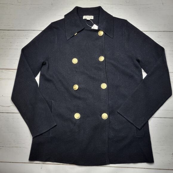 J. Crew Warwick Sweater Blazer Black Gold Button Double Breasted Peacoat Wool XS - Picture 1 of 7